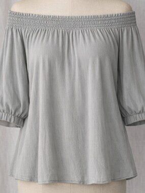 XCVI Off Shoulder Blouse Gray Large Puff Sleeve ruched smocked BOHO cozy romanti
